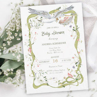 Ooievaar Wilde Bloem Lint Baby Shower Kaart