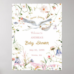 Ooievaar Wilde Bloem Lint Baby Shower Welkom Poster