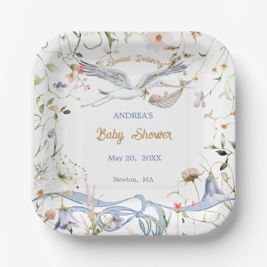Ooievaar Wildflower Lint Baby shower Papier Papieren Bordje (Voorkant)