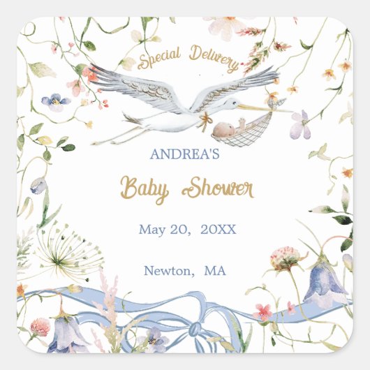 Ooievaar Wildflower Lint Baby shower Papier Vierkante Sticker (Voorkant)