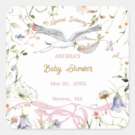 Ooievaar Wildflower Lint Baby shower Papier Vierkante Sticker (Voorkant)