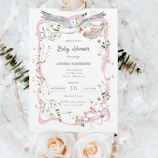 Ooievaar Wildflower Lint en Bow Baby shower Kaart