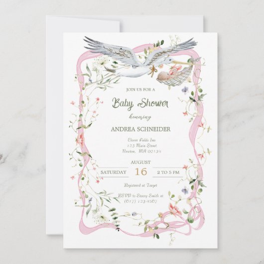 Ooievaar Wildflower Lint en Bow Baby shower Kaart (Voorkant)