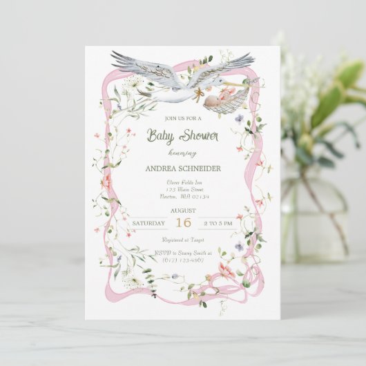 Ooievaar Wildflower Lint en Bow Baby shower Kaart (Staand voorkant)