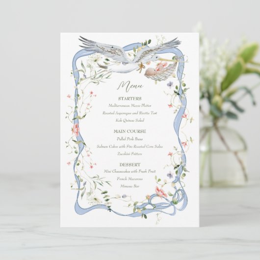 Ooievaar Wildflower Lint en Bow Baby shower Menu (Staand voorkant)