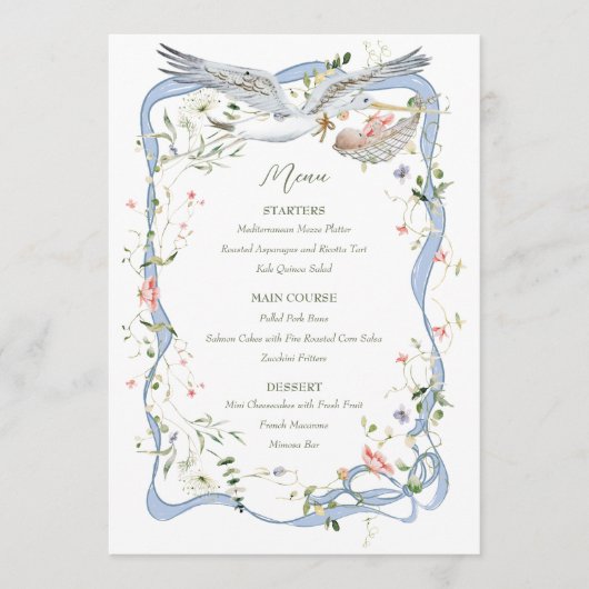 Ooievaar Wildflower Lint en Bow Baby shower Menu (Voorkant)