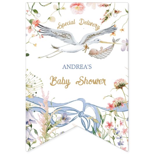 Ooievaar Wildflower Lint en Bow Baby shower Vlaggetjes (Eerste vlag)