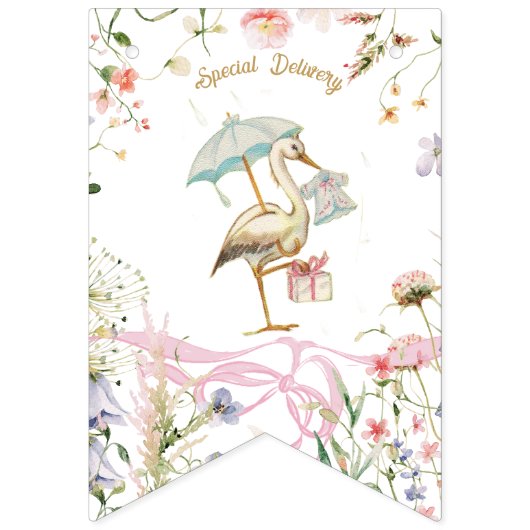 Ooievaar Wildflower Lint en Bow Baby shower Vlaggetjes (Tweede vlag)