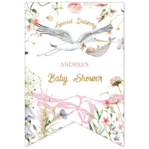 Ooievaar Wildflower Lint en Bow Baby shower Vlaggetjes
