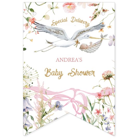 Ooievaar Wildflower Lint en Bow Baby shower Vlaggetjes (Eerste vlag)