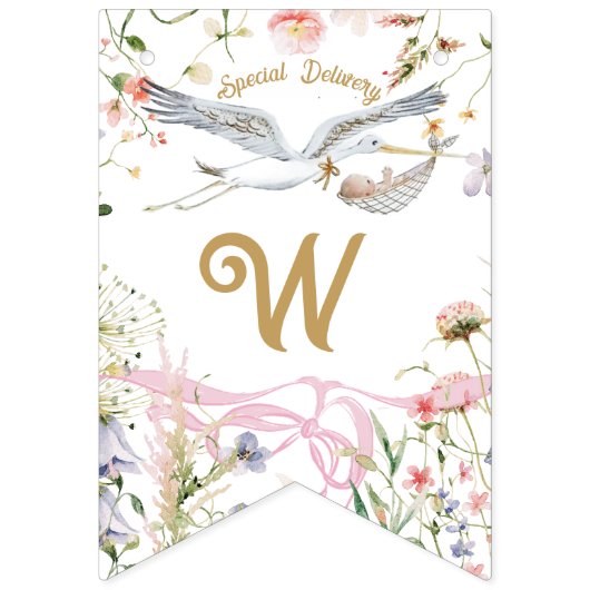 Ooievaar Wildflower Lint en Bow Baby shower Vlaggetjes (Derde vlag)