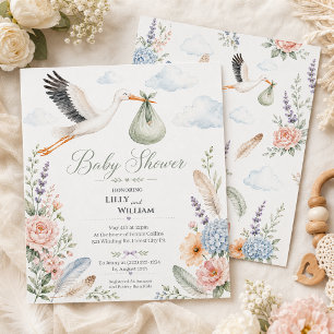 Ooievaar Wolken Baby Shower Vintage Kaart