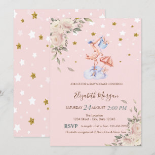 Ooievaars Bloemen, Sterren Baby Shower Kaart