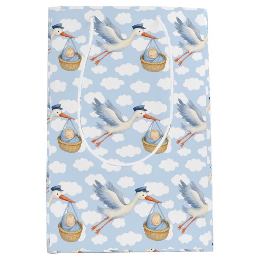 Ooievaars Levering Baby Boy Schattige Blauw Medium Cadeauzakje (Voorkant)