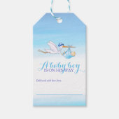 Ooievaarsblauw jongetje baby shower display gesche cadeaulabel (Voorkant)