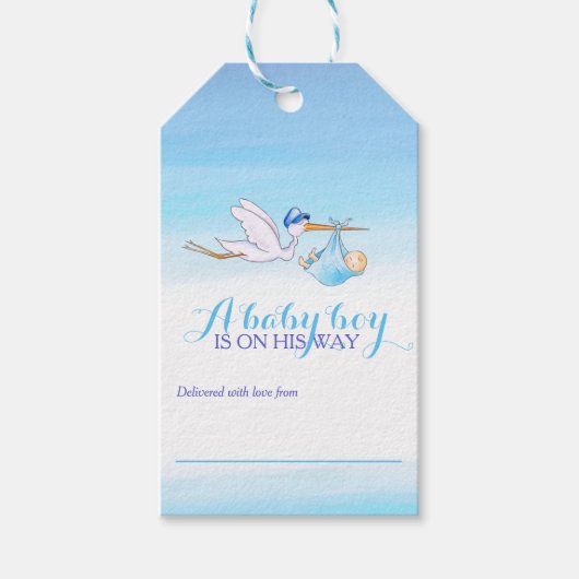 Ooievaarsblauw jongetje baby shower display gesche cadeaulabel (Voorkant)