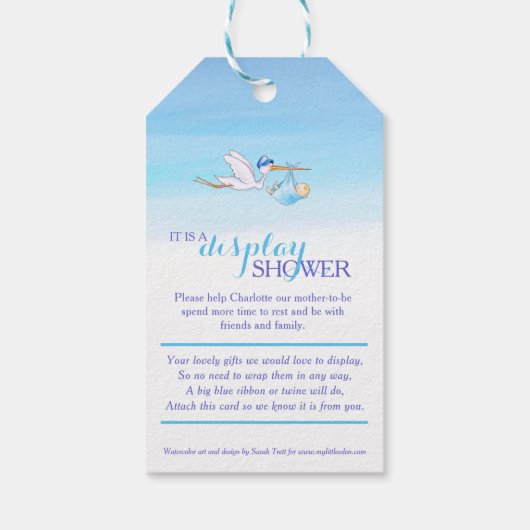 Ooievaarsblauw jongetje baby shower display gesche cadeaulabel (Achterkant)