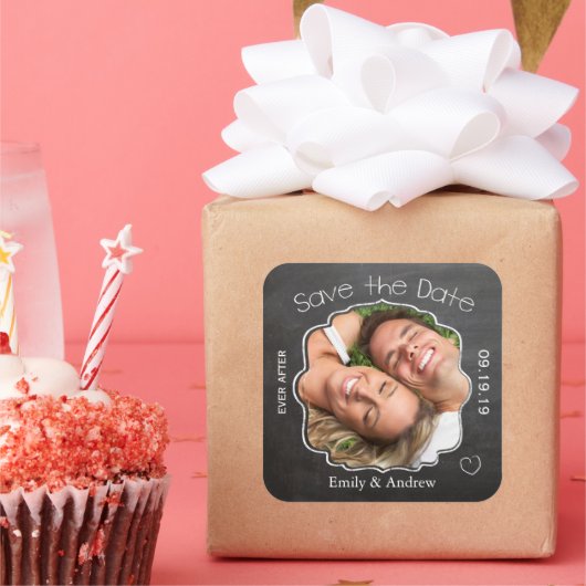 Ooit na Chalkboardbruiloft sparen de Datumzegel Vierkante Sticker (Feest)