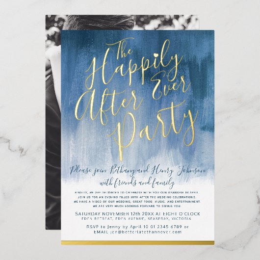 Ooit na de bruiloft folie blauwe abstracte kunst folie uitnodiging (Voorkant / Achterkant)