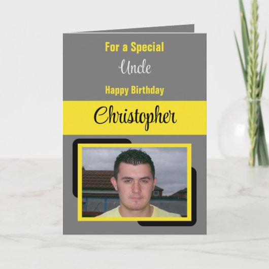 Oom naam foto grijze gele verjaardag kaart (Voorkant)