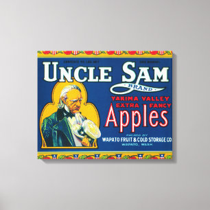 Oom Sam Apple Label (blauw) - Wapato, WA Canvas Afdruk