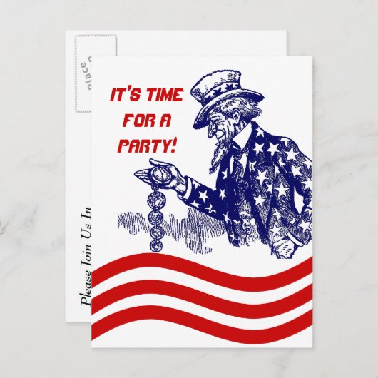 Oom Sam Checking Pocket Watch Party Invitation Uitnodiging Briefkaart (Voorkant / Achterkant)