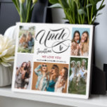 Oom We houden van je fotocollage Fotoplaat<br><div class="desc">Moderne,  trendy fotocollage plaque heeft 5 foto's,  typografische script 'oom' op een witte achtergrond en neefjes/nichtnamen. Pas verder aan met de ooms naam. Perfect als een cadeau of een keepasje.</div>