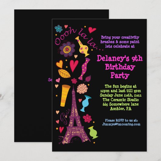 Oooh La La Paris verjaardagsfeestje uitnodiging (Voorkant / Achterkant)