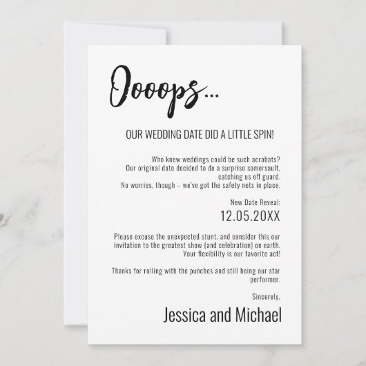 💍 Ooops Minimalistische Elegante Datumwijziging Save The Date (Voorkant)