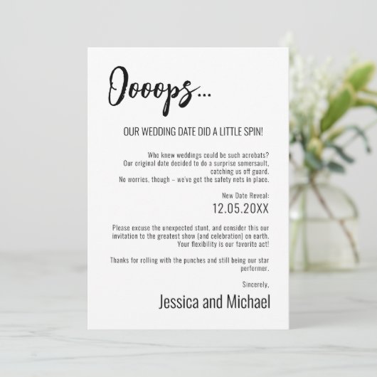 💍 Ooops Minimalistische Elegante Datumwijziging Save The Date (Staand voorkant)