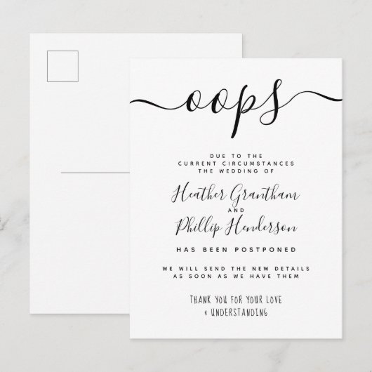 Oops Formal Wedding Postponed Notice Uitnodiging Briefkaart (Voorkant / Achterkant)