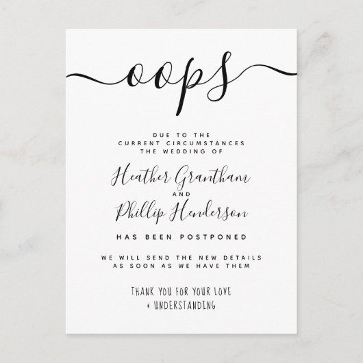 Oops Formal Wedding Postponed Notice Uitnodiging Briefkaart (Voorkant)