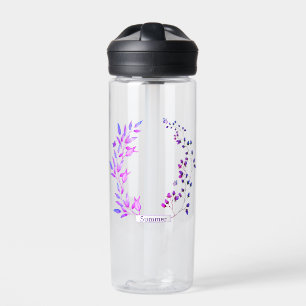 Oorspronkelijk ontwerp van paarse bloemen en takke waterfles