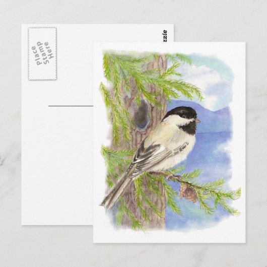 Oorspronkelijke Waterverf Chickadee in Pine Tree Briefkaart (Voorkant / Achterkant)