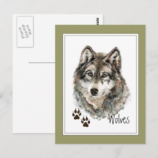 Oorspronkelijke Waterverf Grijze Wolf- Tracks Anim Briefkaart (Voorkant / Achterkant)