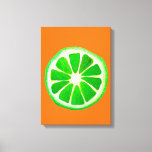 Oorspronkelijke waterverf pop art. citrusvruchten  canvas afdruk<br><div class="desc">Een schattig en kleurrijk levendig groen limoen stuk van een origineel schilderij van kunstenaar Sacha Grossel. Deze grote kunstachtige pop is groen en zeer helder en kleurrijk tegen een aanpasbare oranje achtergrond. Kronkelig en origineel.</div>