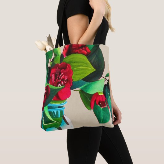 Oorspronkelijke waterverf rode camellia bloemen tote bag (Dichtbij)