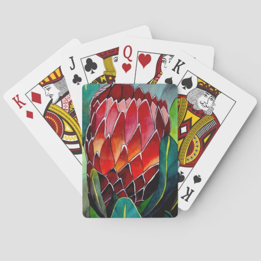Oorspronkelijke waterverf van rode Protheebloem Speelkaarten (Achterkant)