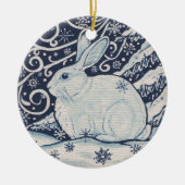 Oorspronkelijke winterkerstkonijn Blauw en Wit Keramisch Ornament (Voorkant)