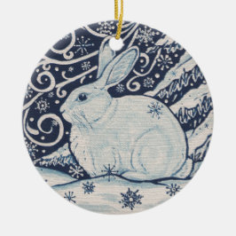 Oorspronkelijke winterkerstkonijn Blauw en Wit Keramisch Ornament