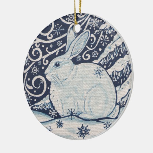 Oorspronkelijke winterkerstkonijn Blauw en Wit Keramisch Ornament (Links)