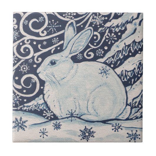 Oorspronkelijke winterkerstkonijn Blauw en Wit Tegeltje (Voorkant)