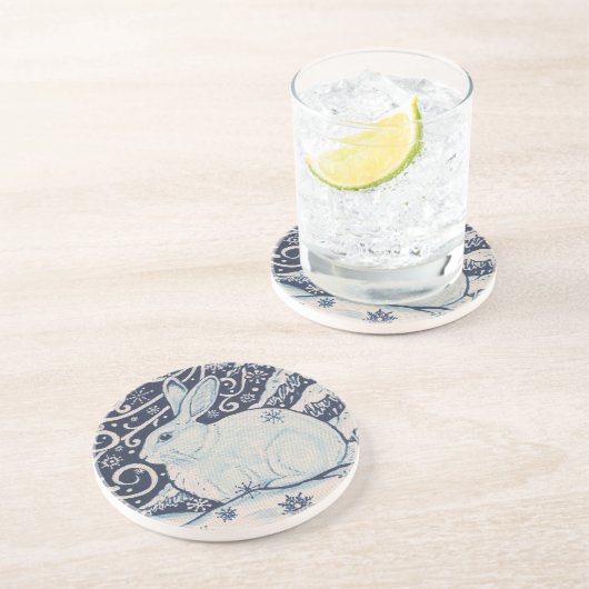 Oorspronkelijke winterkerstkonijn Blauw en Wit Zandsteen Onderzetter (Zijkant)