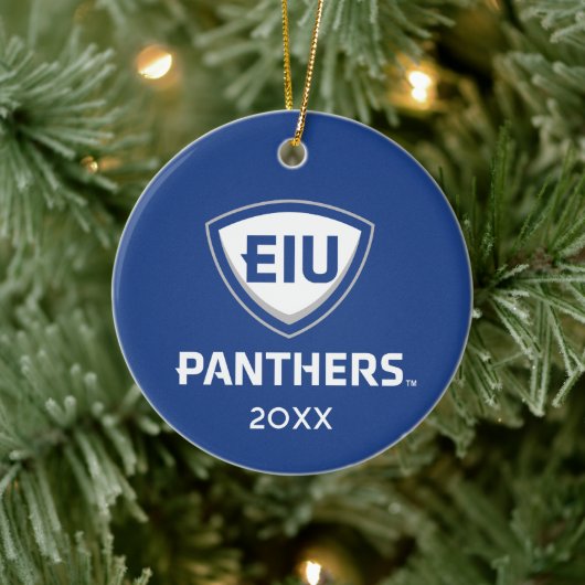 Oostelijk Illinois Panthers Shield & Wordmark Logo Keramisch Ornament (Boom)