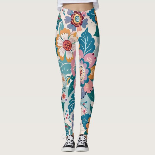 Oostelijk Retro Bloemen Pastel Aangepast Patroon Leggings (Voorkant)