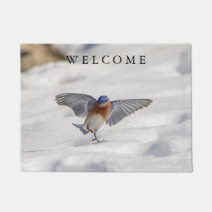 Oostelijke Blauwvogel dansend in de sneeuw Deurmat