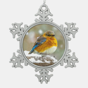 Oostelijke Bluebird in Snow - Originele Foto Tin Sneeuwvlok Ornament