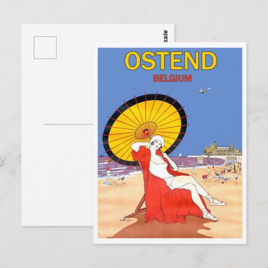 Oostende, België, vrouw op het strand met zonnesch Briefkaart (Voorkant / Achterkant)