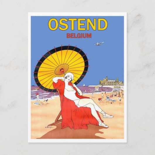 Oostende, België, vrouw op het strand met zonnesch Briefkaart (Voorkant)