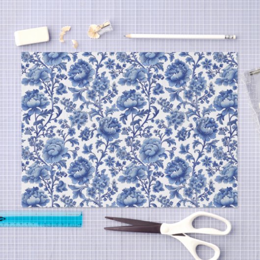 Oosters Blauw Bloempatroon met Witte Achtergrond Tissuepapier (Craft)